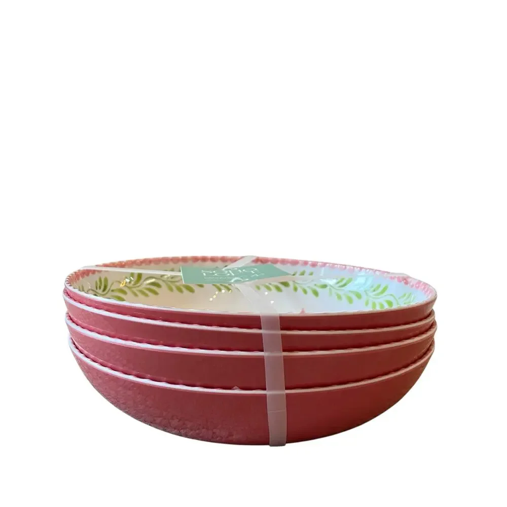 Soho Loft Floral Melamine Bowls 9in Round Pink & Green Set of 4 New